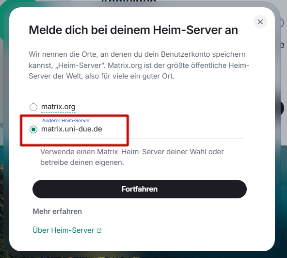 Screenshot: UDE Heimserver angeben